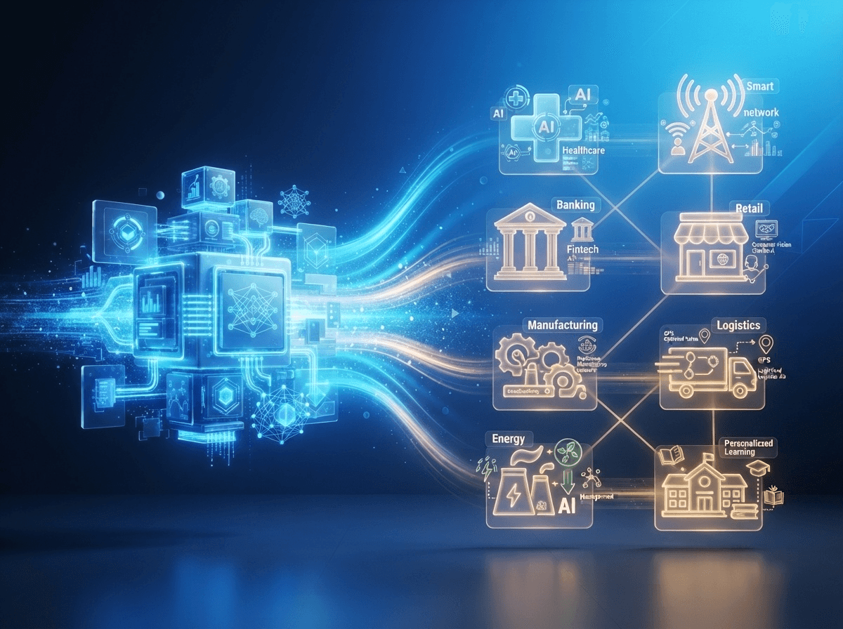 A central AI hub distributing to healthcare, banking, retail, manufacturing, logistics, energy and education